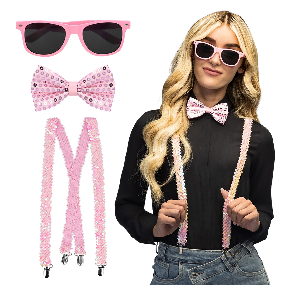 Accessoireset Lichtroze  3-delig - Bril - Bretel - Strikje