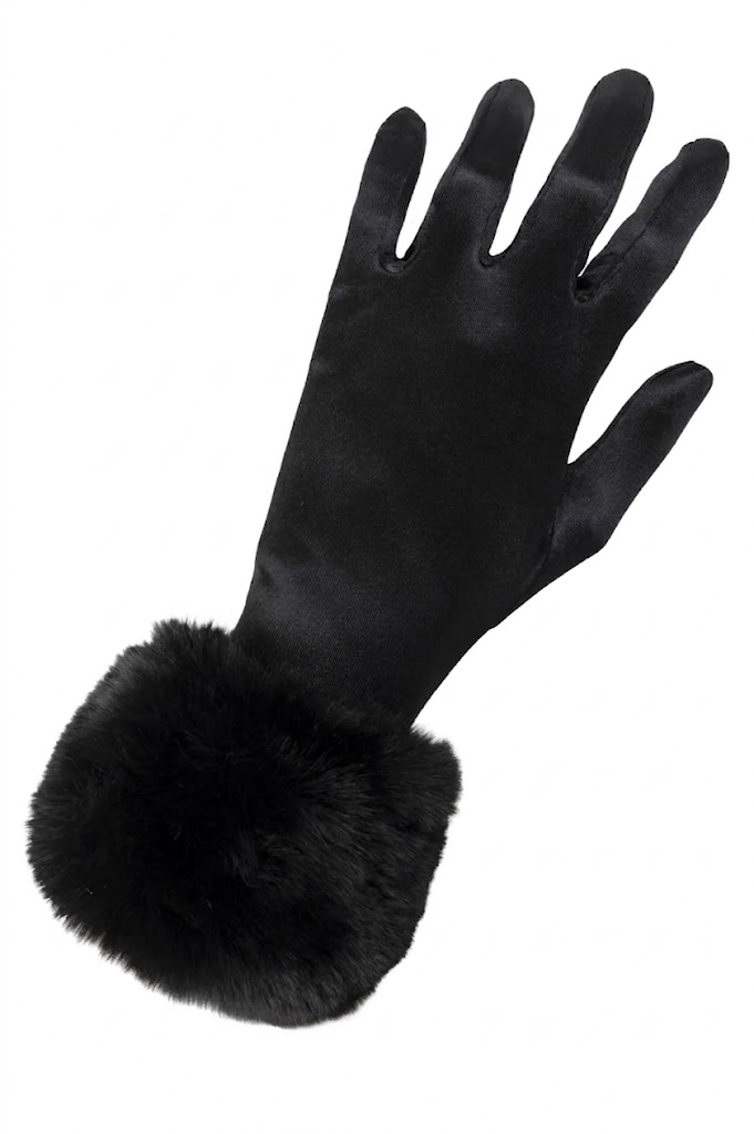 Handschoen Satijn met Bontmanchetten -  Zwart
