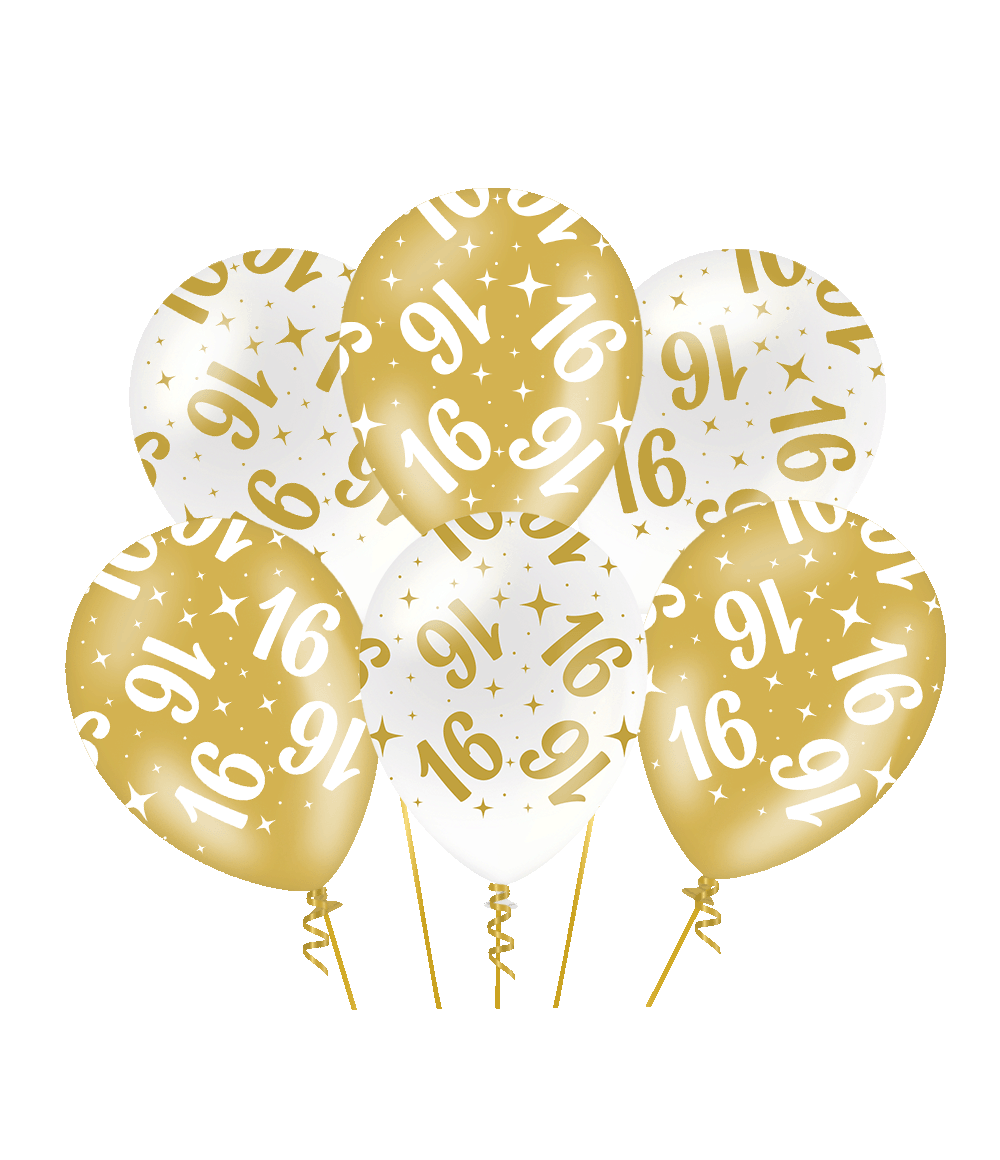 Ballonnen Fancy  - 16 jaar - Wit-Goud - 6 stuks