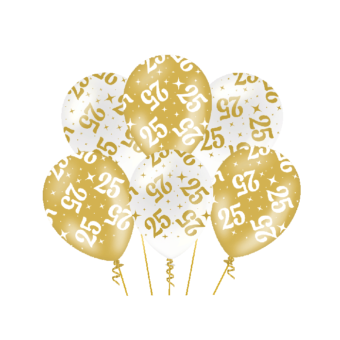 Ballonnen Fancy - 25 jaar - Wit-Goud - 6 stuks