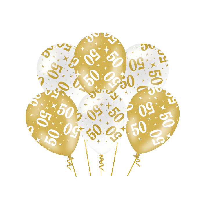 Ballonnen Fancy - 50 jaar - Wit-Goud - 6 stuks