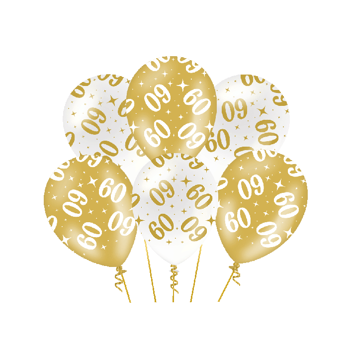 Ballonnen Fancy - 60 jaar - Wit-Goud - 6 stuks