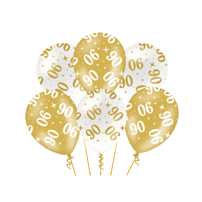 Ballonnen Fancy - 90 jaar - Wit-Goud - 6 stuks