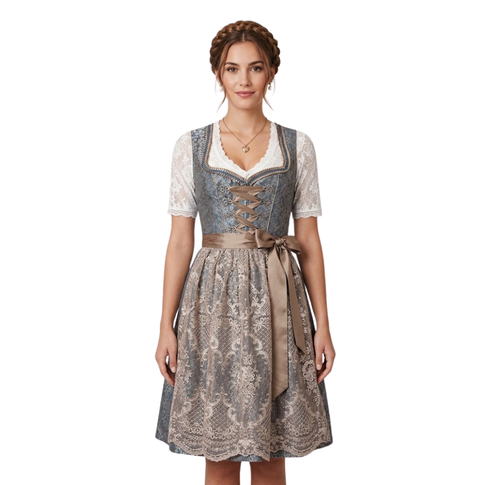 Dirndl Jurkje - Jacquard - Blauw-Koffie - Dames