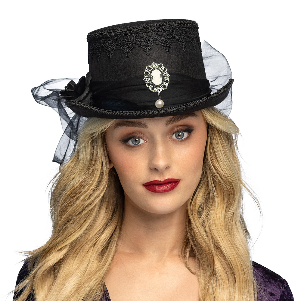Steampunk  Gothic Hoge Hoed met Kant - Zwart