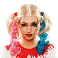 Pruik blond met staartjes roze/blauw Pruik blond met staartjes roze/blauw