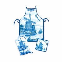 Keukenset Holland Molen - Ovenhandschoen - Schort - Pannenlap - Delftsblauw