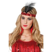 Charleston Hoofdband - Rood met Zwarte Veer - Jaren 20