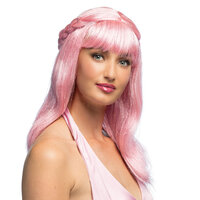 Dames Pruik - Sweety Roze - Halflang Model met Vlecht