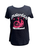 T-shirt Zwart - Amsterdam Fiets Roze Holland - Katoen - Dames