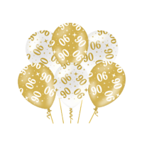 Ballonnen Fancy - 90 jaar - Wit-Goud - 6 stuks