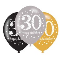 Ballonnen Sparkling - Goud-Zwart-Zilver - 30 jaar - 6 stuks  Ballonnen Sparkling - Goud-Zwart-Zilver - 30 jaar - 6 stuks
