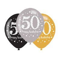 Ballonnen Sparkling - Goud-Zwart-Zilver - 50 jaar - 6 stuks  Ballonnen Sparkling - Goud-Zwart-Zilver - 50 jaar - 6 stuks