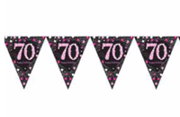 Vlaggenlijn 70 jaar sparkling zwart/roze met opdruk: 'happy birthday'